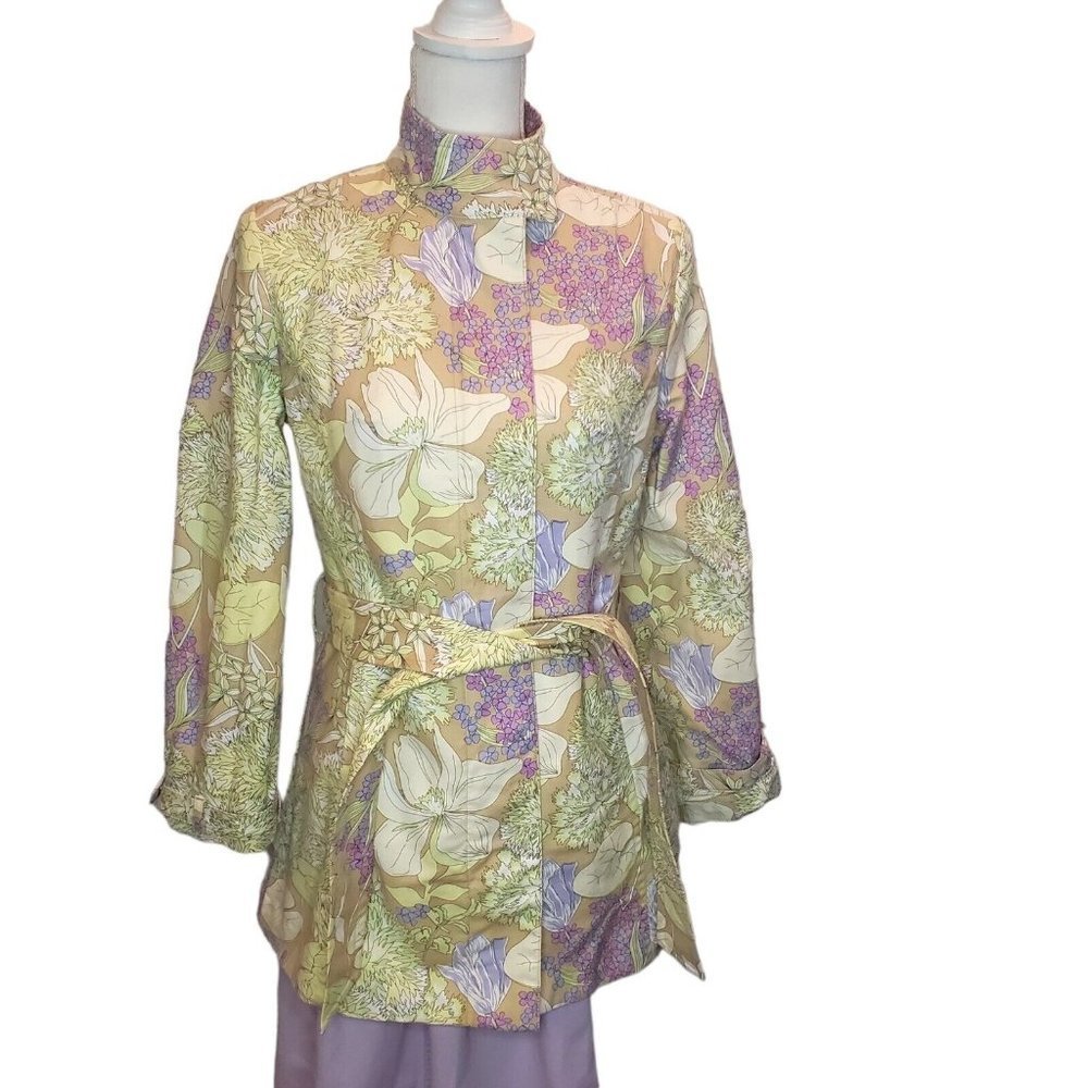 Y2K Pastel Floral Zipup Belted Trench Coat Jacket Cream Purple Kawaii Fairy Sz S